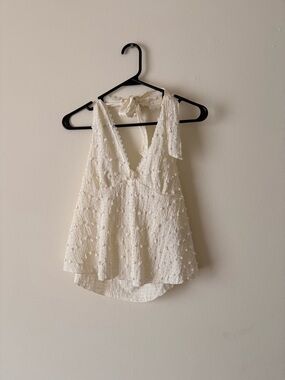 Cream Textured Tie-Shoulder V-Neck Women’s Top